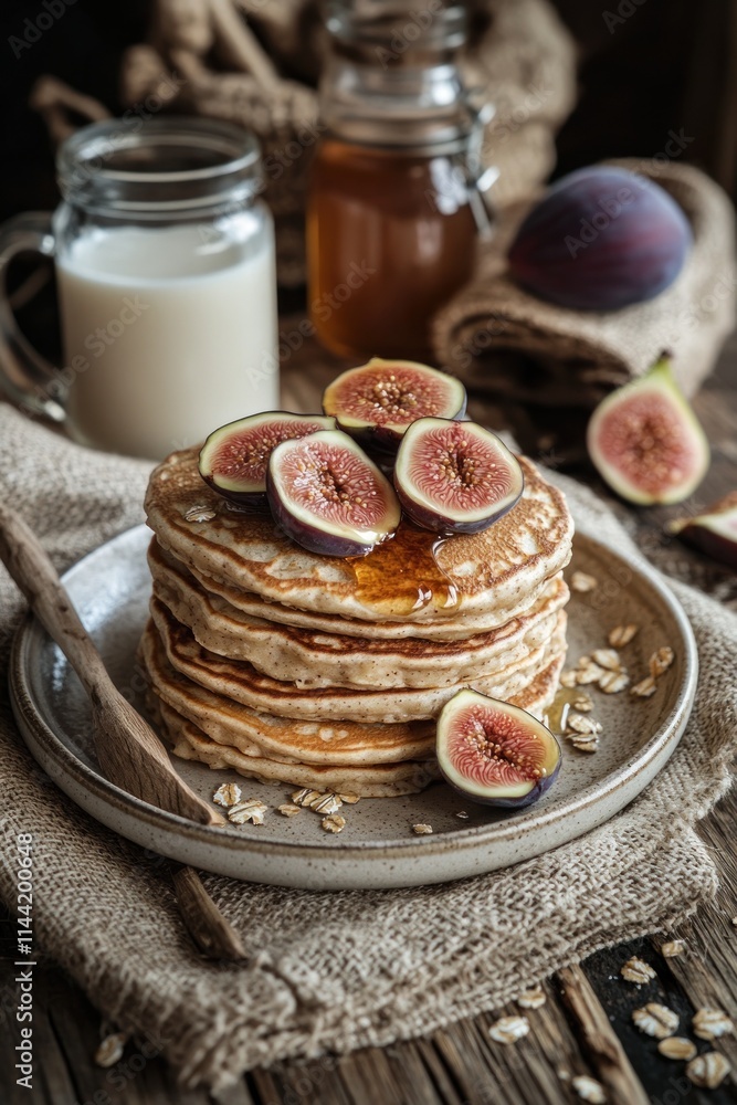 Poster stack of pancakes with figs and honey on wooden table with milk.