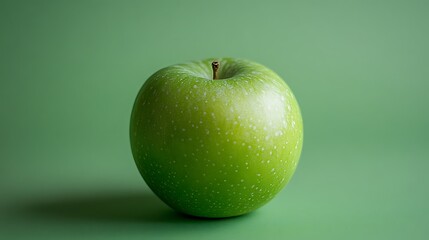 Single green apple on green background.
