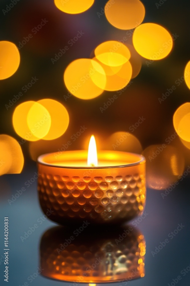 Poster lit candle in textured holder with blurred bokeh lights.