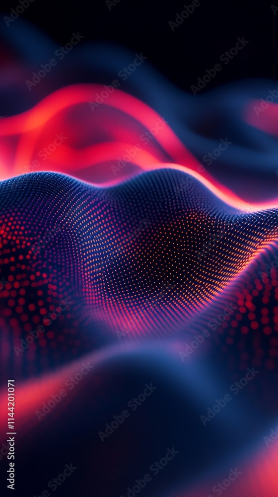 Poster a mesmerizing abstract wave pattern featuring glowing lines and dots in vibrant red and blue hues, c