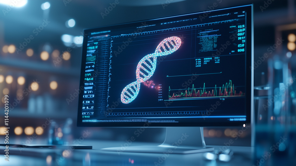 Poster a glowing holographic dna helix rotates in sync with a computer screen showing a colorful heartbeat 