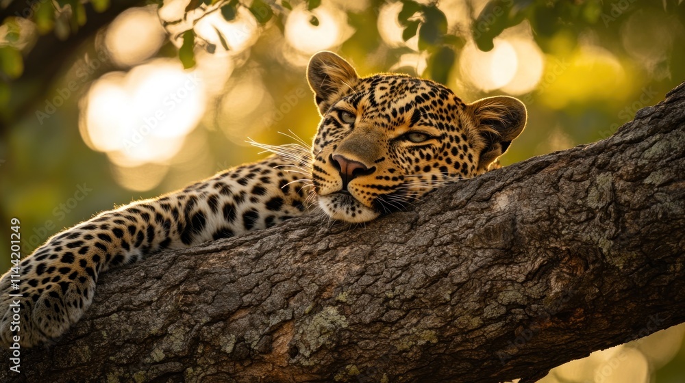 Poster Leopard resting on a tree branch, sunset background.