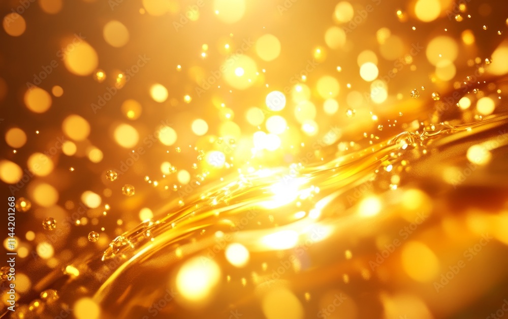 Poster a mesmerizing golden liquid shimmering with sparkling bokeh effects, creating a warm and inviting am
