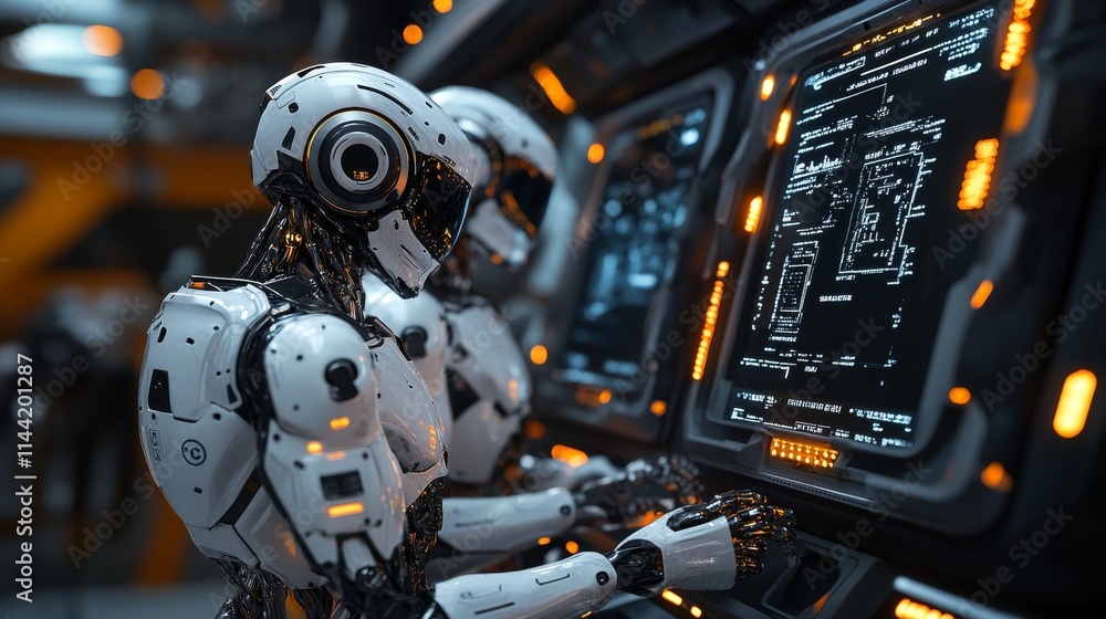 Poster futuristic robots at work, operating control panel in advanced spaceship technology environment.