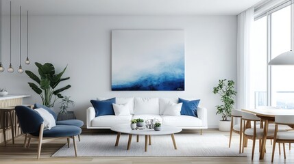 Serene Modern Living Room with Blue Accents and Abstract Art