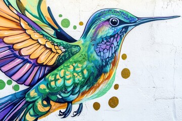 Obraz premium Vibrant hummingbird mural painted on a white wall, showcasing colorful wings and intricate details.