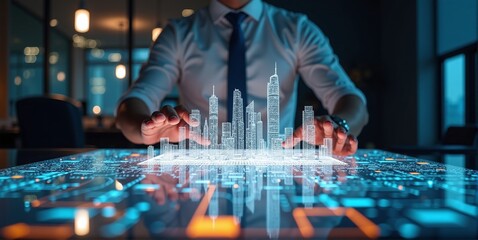 Urban planning unfolds as hands shape a glowing holographic cityscape of skyscrapers and vibrant streets