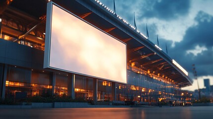 Empty white signboard mockup at a sports stadium entrance, ideal for event promotions or sponsorship advertising.