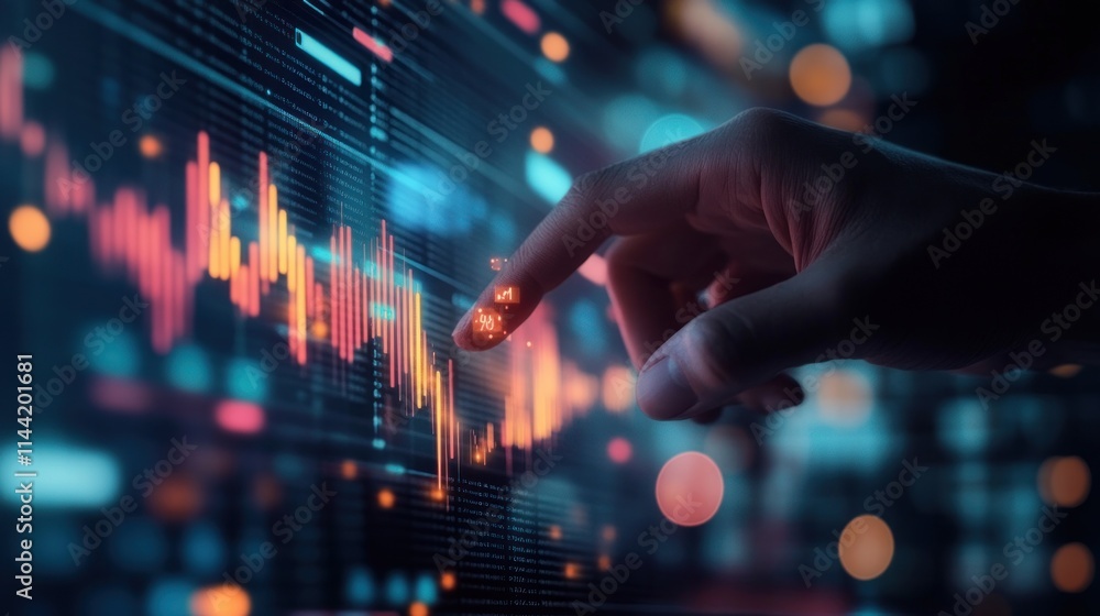 Poster hand interacts with financial data on screen.