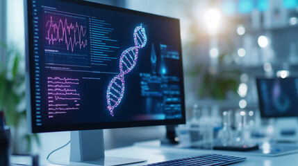 A rotating holographic DNA model floating over a digital workstation with a computer monitor displaying a steady heartbeat graph in a serene and modern lab