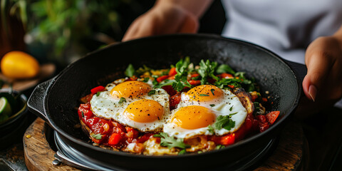 Delicious fried eggs sunny side up in a black pan, breakfast preparation