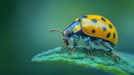 Fototapeta premium Close-up of a vibrant yellow and blue ladybug crawling on a green leaf.