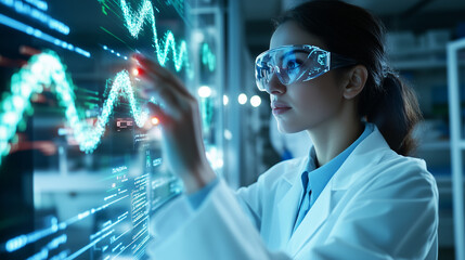 A futuristic medical research lab featuring a female doctor using gesture controls to manipulate a glowing DNA model, with genetic data visualized on holographic screens