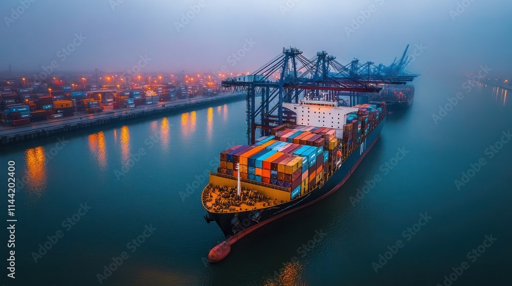 Poster container ship docked at port with cranes in evening fog.