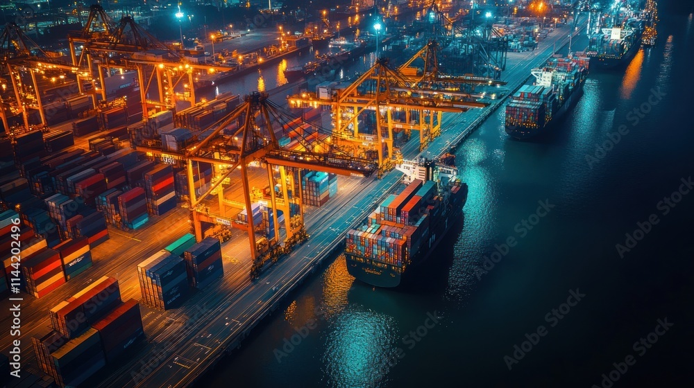 Poster Night view of port with cargo ships and cranes loading containers.