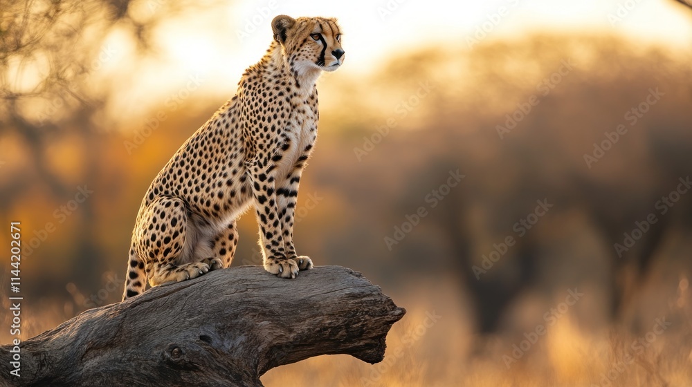 Poster cheetah perched on log with soft sunset background.