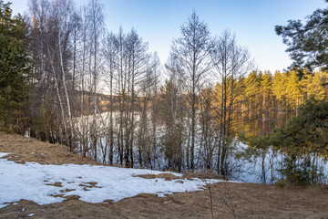 Snowy landscape with a lake and trees in the background