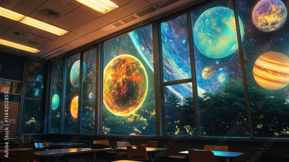 Poster vibrant space view through classroom windows with colorful planets and cosmic elements creating an i