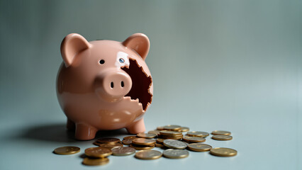 Broken piggy bank with scattered coins, symbolizing financial struggle and the importance of budgeting