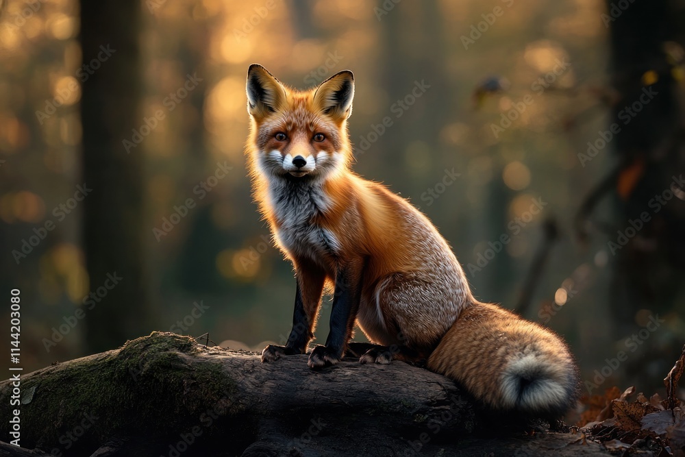 Poster fox with orange fur and dark paws sits on a mossy log in forest.