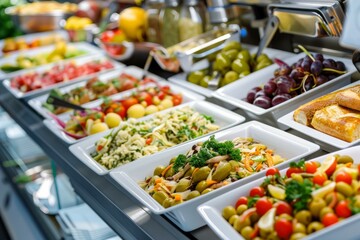Obraz premium Buffet table with plates full of delicious salads and appetizers ready for guests