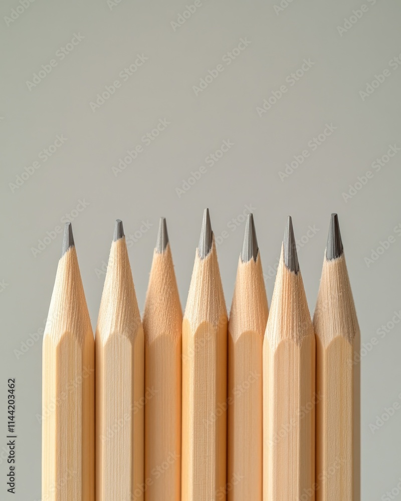 Poster Seven wooden pencils arranged in a row with sharpened tips on light grey background.