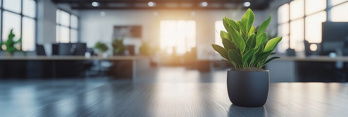 Green Plant on a Desk in a Modern, Sunlit Office, Promoting Wellbeing and Productivity