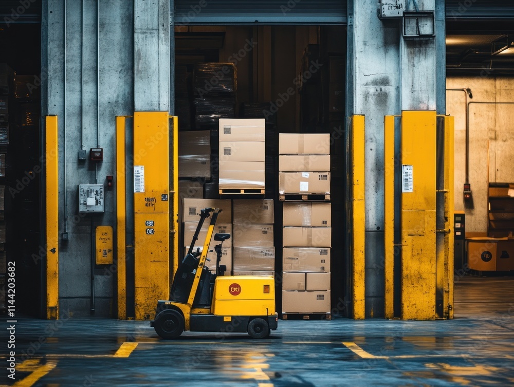 Poster forklift loading boxes into warehouse.