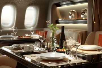 Luxurious first class airplane cabin interior with dining table set for two passengers
