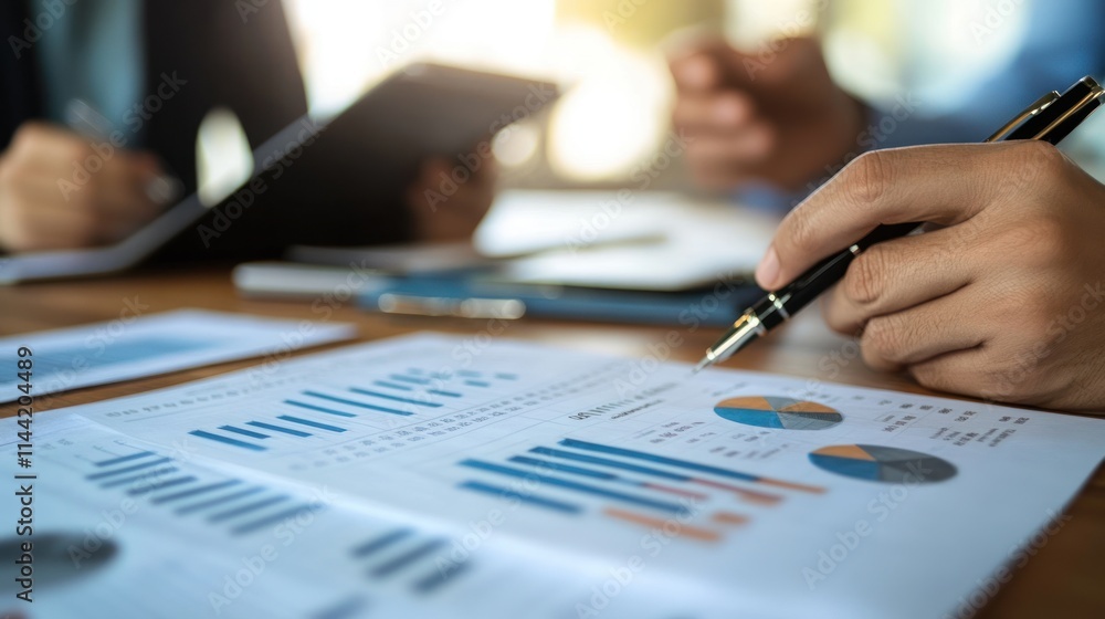 Poster Person points to chart data during discussion.