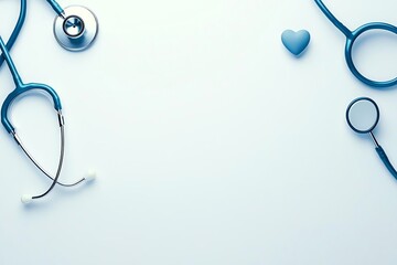 A clean and organized workspace featuring stethoscopes, a magnifying glass, and a heart