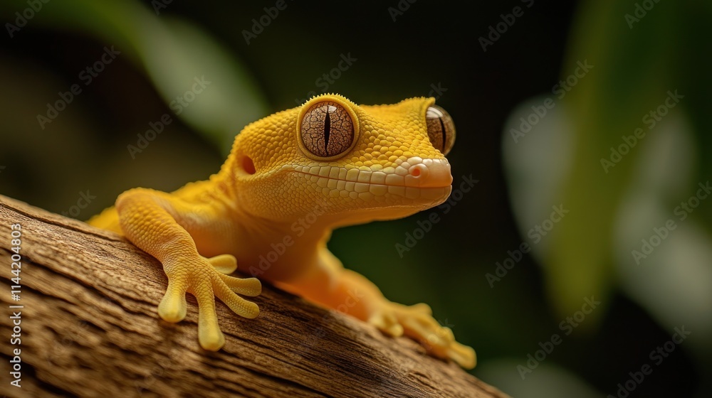 Aufkleber golden gecko resting on tree branch with blurred leafy background.