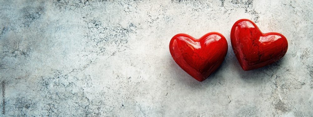 Poster two red hearts on a textured surface.