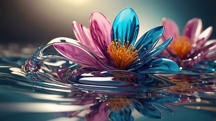 Abstract 3D flower design with flowing, fluid petals, and artistic light reflections.