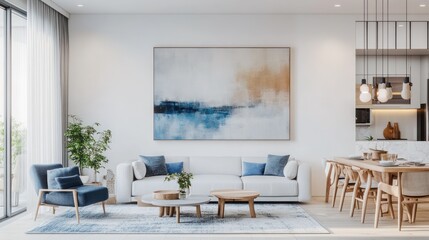 Serene Coastal Living Room Design: Modern Minimalist Apartment Interior with Blue and Beige Accents