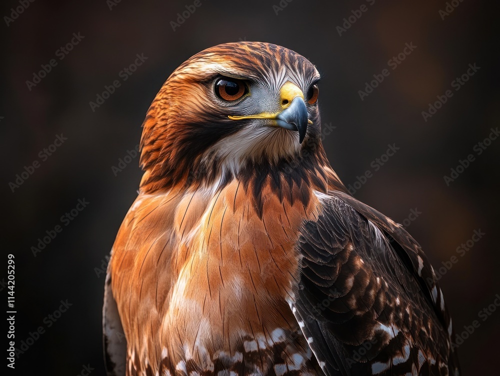 Poster focused red-shouldered hawk portrait with mottled feathers.