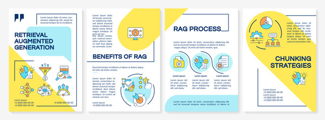 Retrieval augmented generation blue and yellow brochure template. Digital semantic AI improvement. Leaflet design with linear icons. Editable 4 vector layouts. Questrial, Lato-Regular fonts used