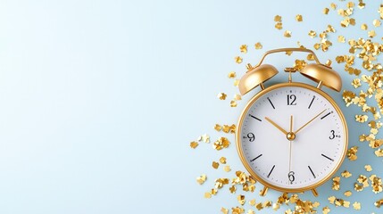 Gold alarm clock on blue background with confetti.