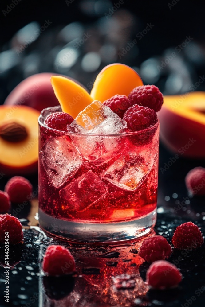 Poster refreshing red drink with raspberry, peach and ice.