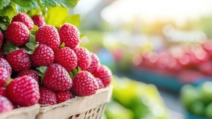 A basket of red raspberries is displayed in a market