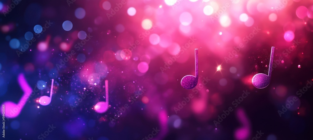 Poster music notes float amidst bokeh in pink and blue.