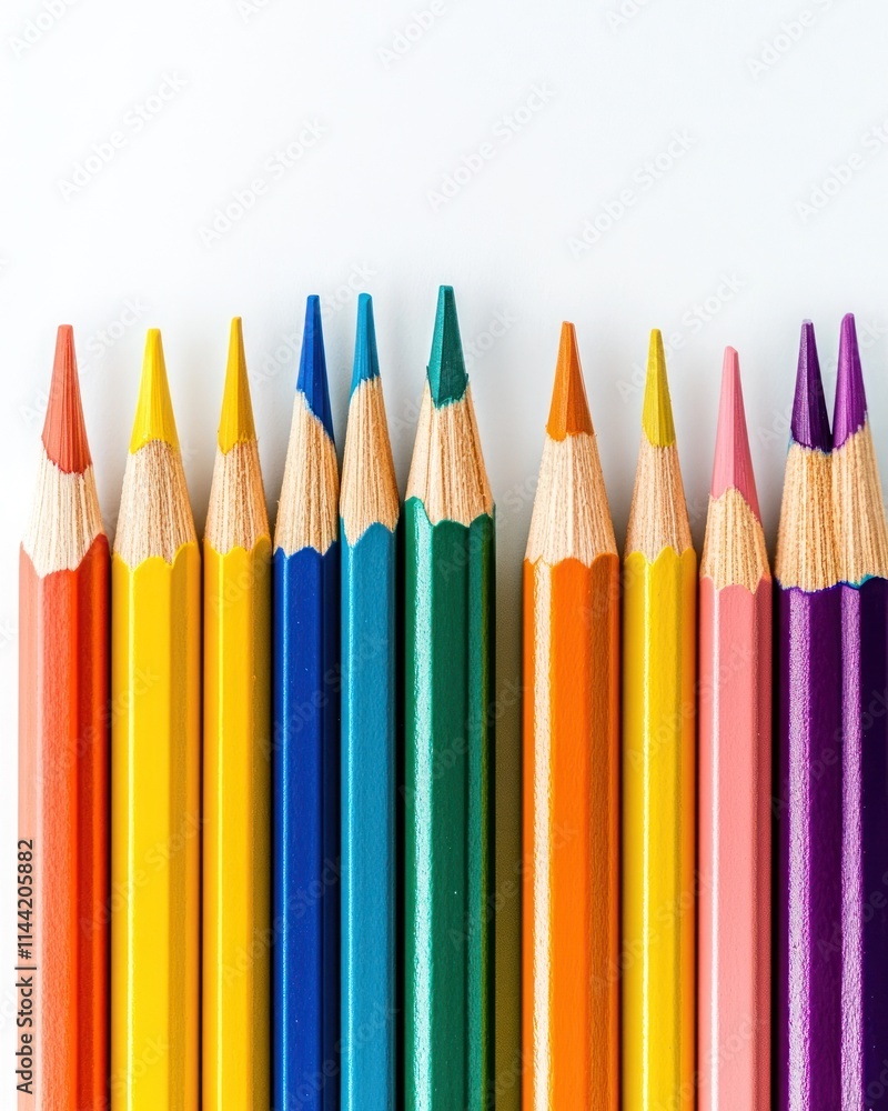Aufkleber ten colorful sharpened pencils in a row on a white background.