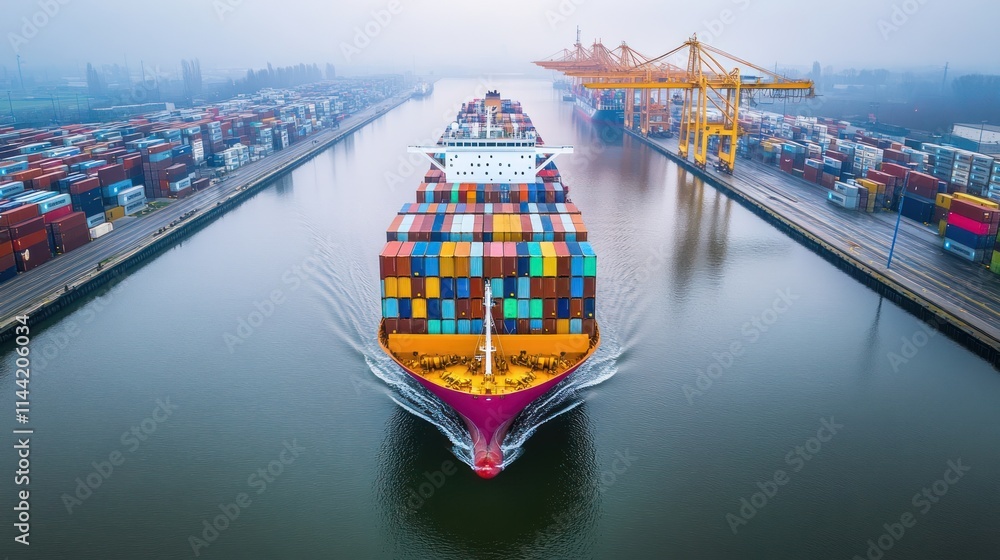 Poster cargo ship loaded with containers sailing through a port.