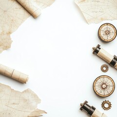 Vintage travel maps and navigational tools create a nostalgic and adventurous atmosphere, inviting viewers to explore and embark on journeys. Perfect for travel-themed projects.