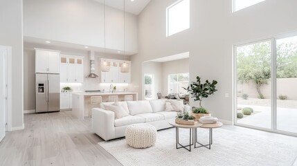 Fototapeta premium Bright, airy open-plan living space with white sofa, kitchen, and high ceilings.