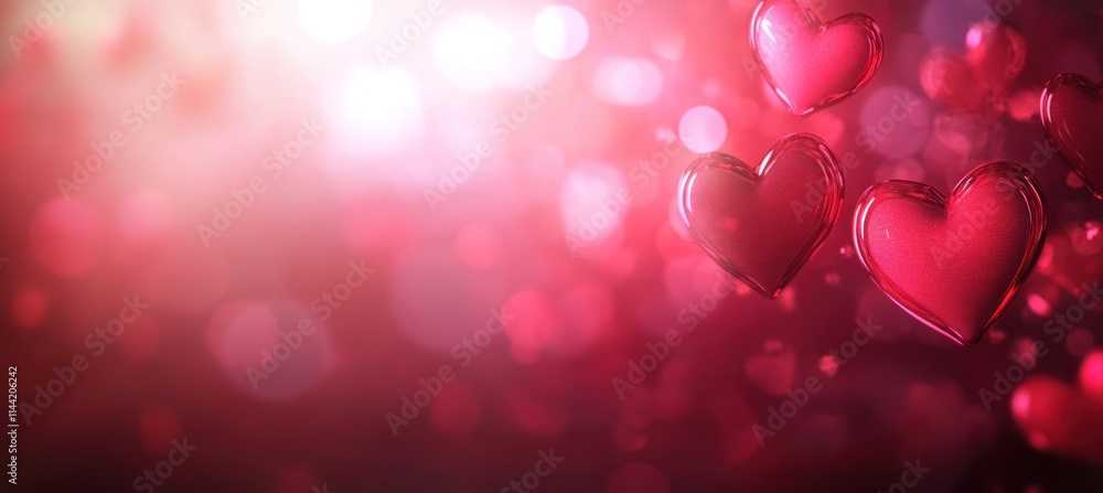 Poster Floating red hearts with bokeh light background.
