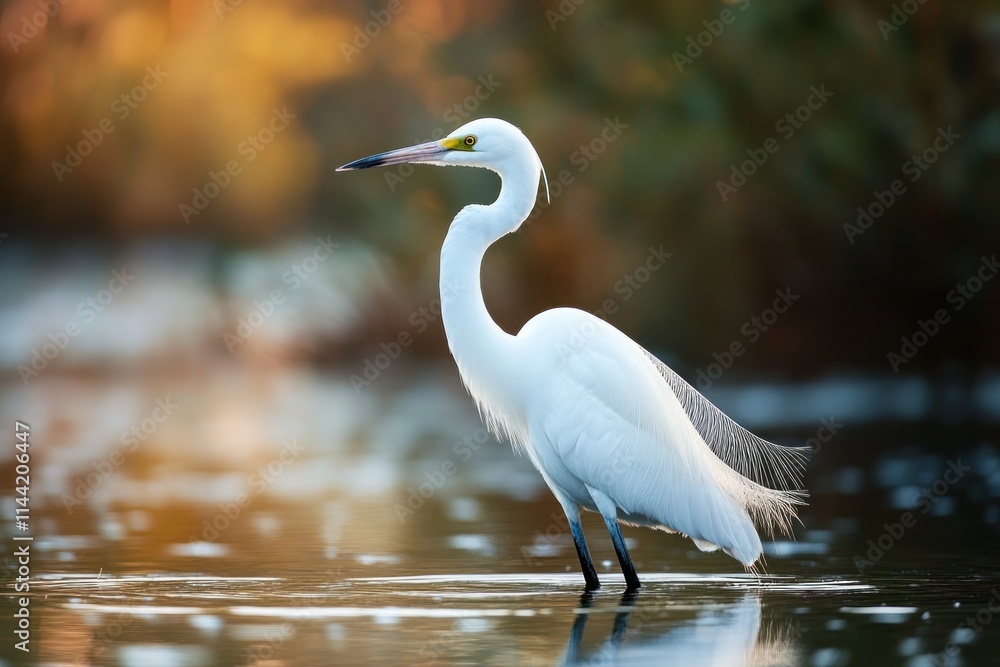 Poster white egret standing in shallow water with bokeh background.
