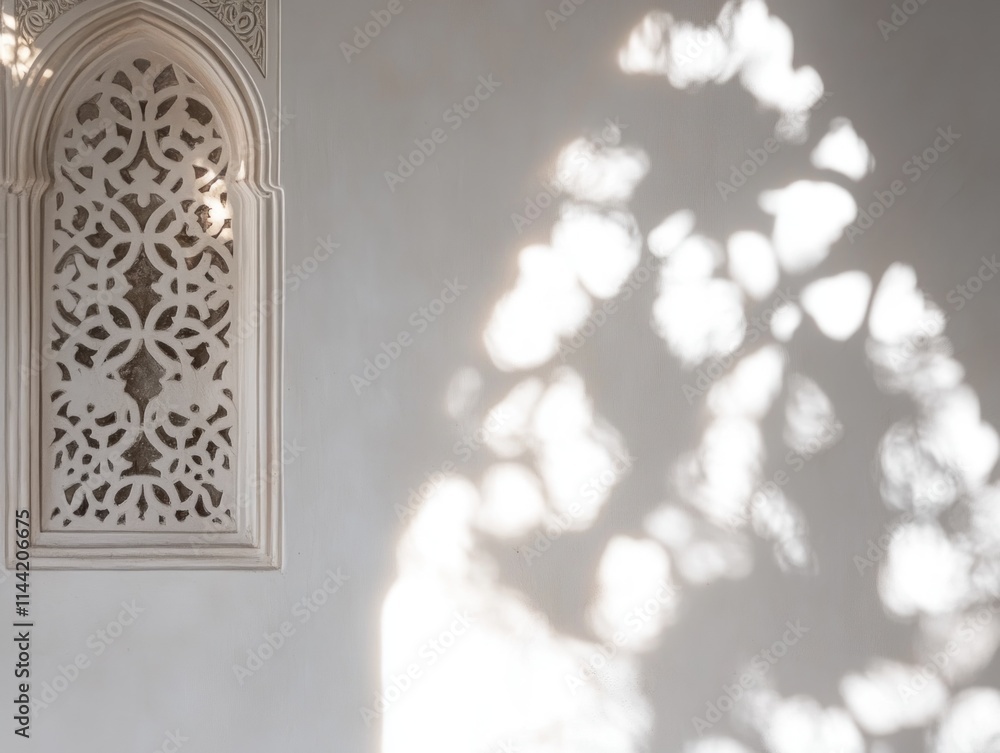 Poster ornate window with light patterns on wall.