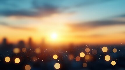 A blurry photo of a city skyline with a bright sun in the background