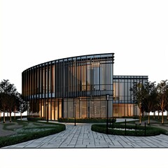 Modern orchestra hall building features grand elegant facade combining glass steel stone inviting doors expansive windows lush gardens